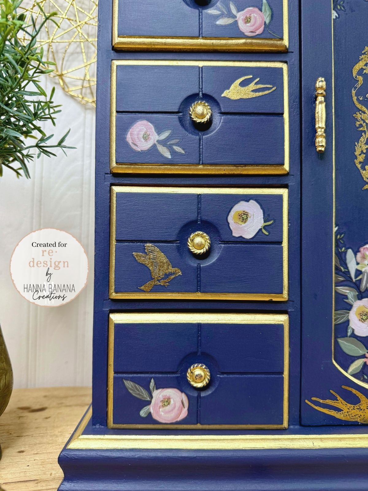 Upcycled Navy & Gold Jewelry Box with Pink Florals