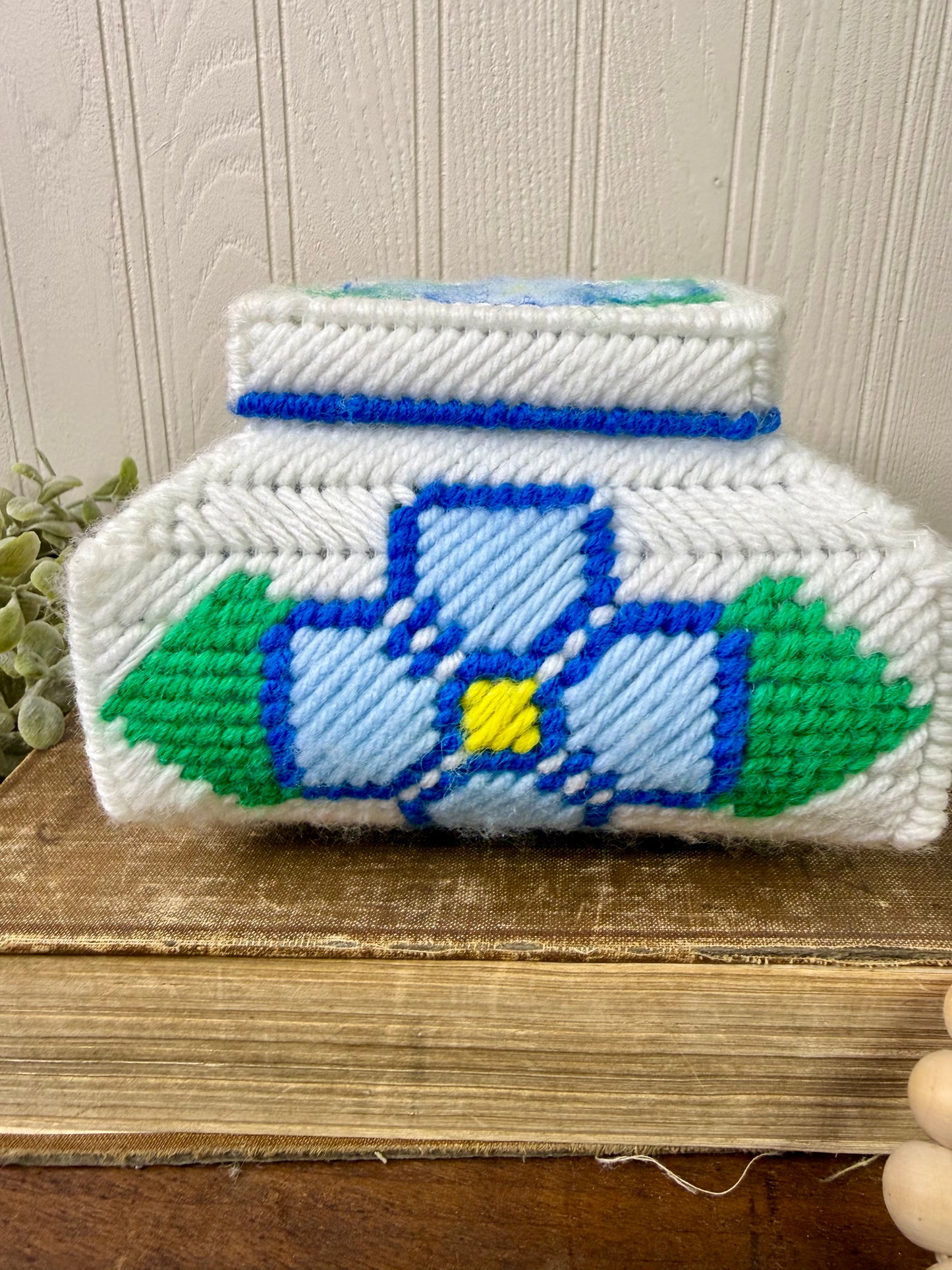 Vintage Plastic Canvas Storage Box with Blue Flowers