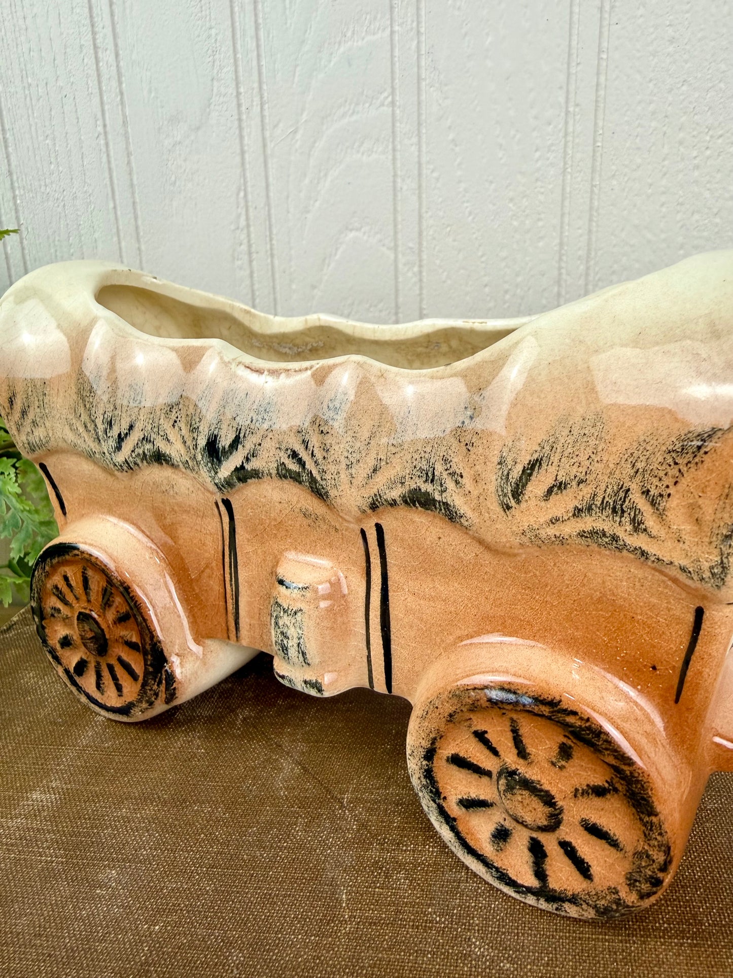 Vintage Ceramic Covered Wagon Planter