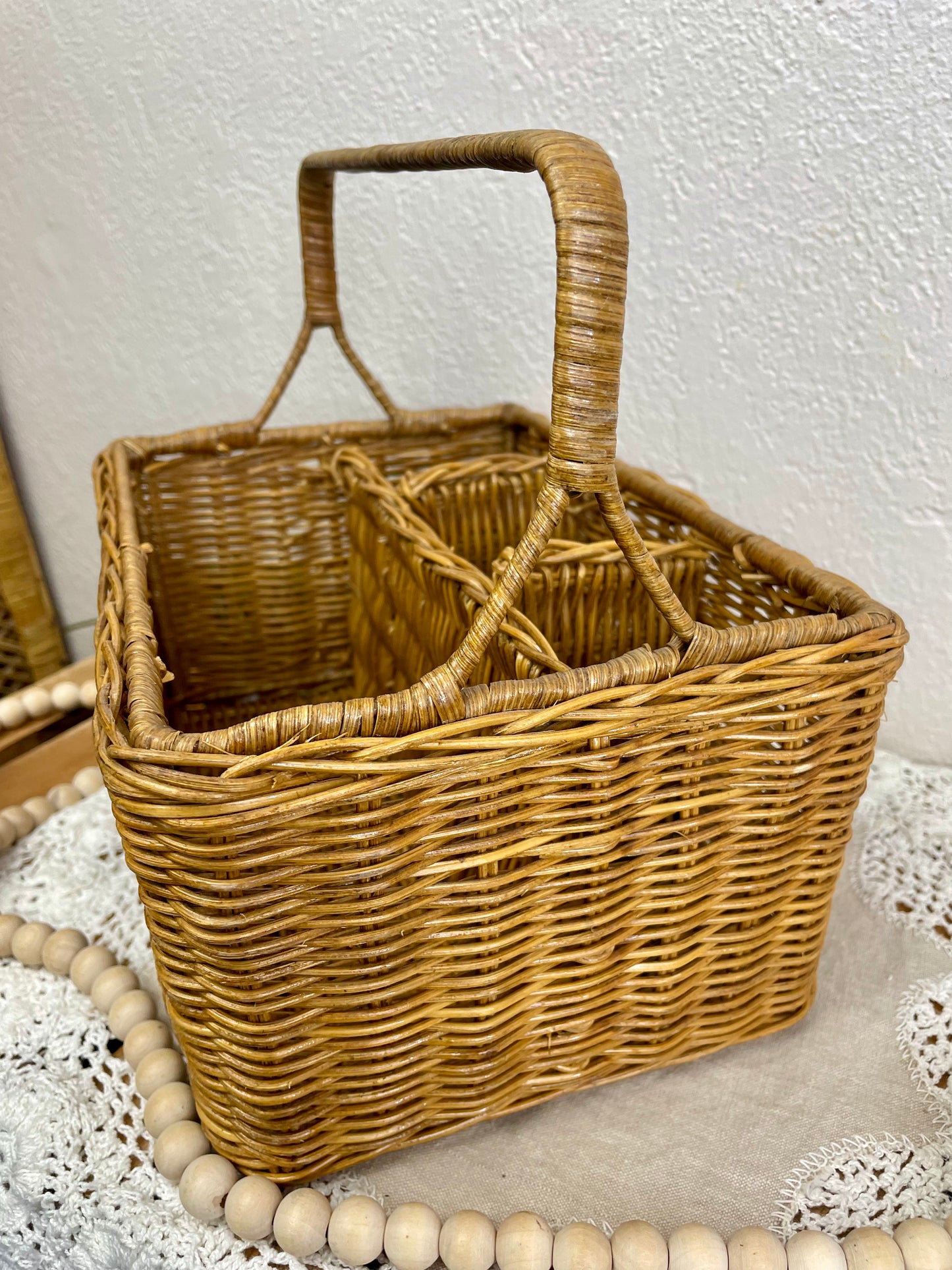 Vintage Wicker Storage Basket with Dividers