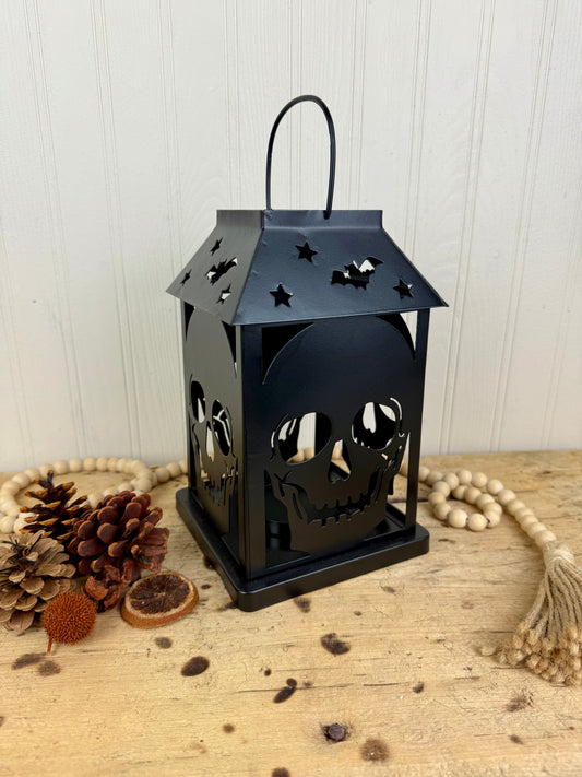 Metal Candle Lantern with Skulls and Bats