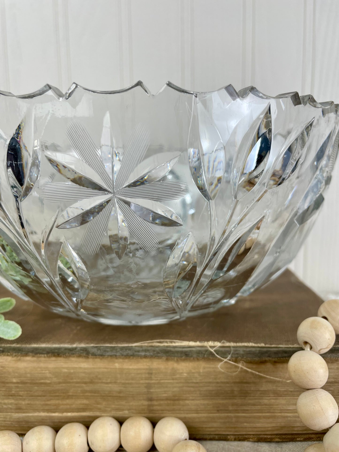 Vintage Cut Glass Serving Bowl with Etched Flowers