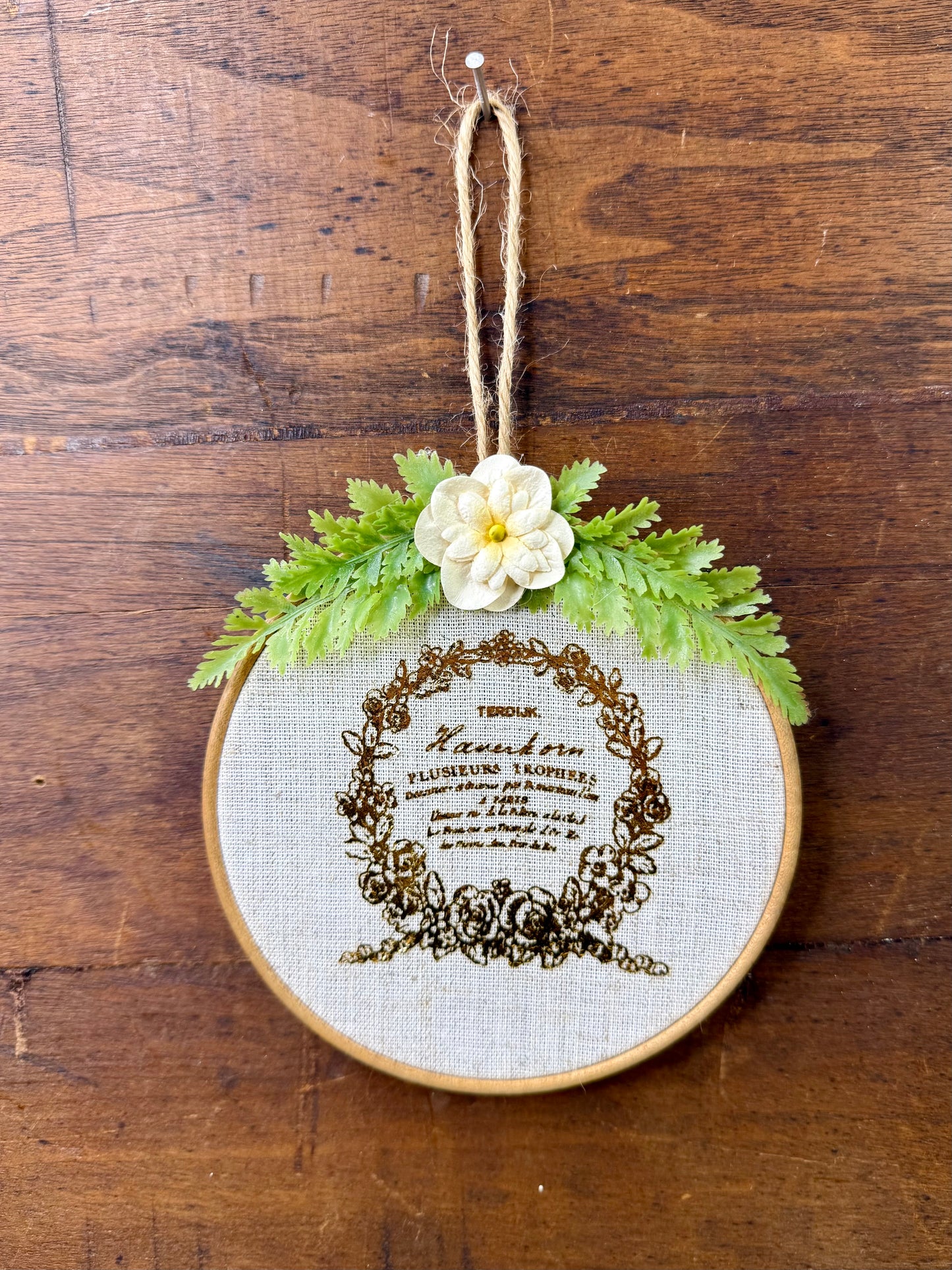 Upcycled Embroidery Hoop Wall Art with Vintage Label