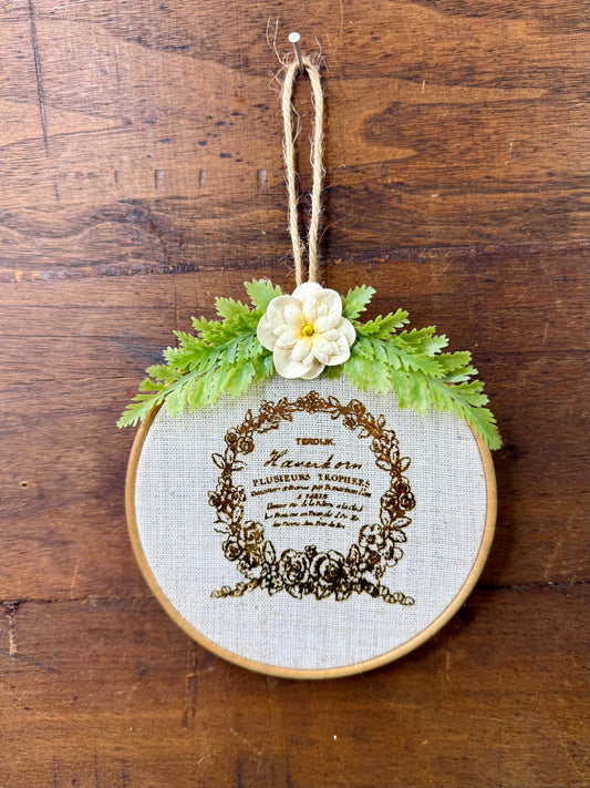 Upcycled Embroidery Hoop Wall Art with Vintage Label
