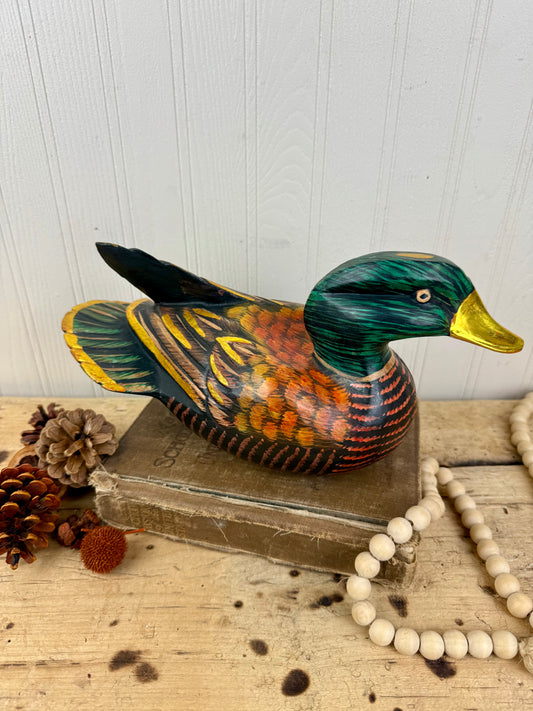 Vintage Hand Carved Wooden Duck with Golden Details