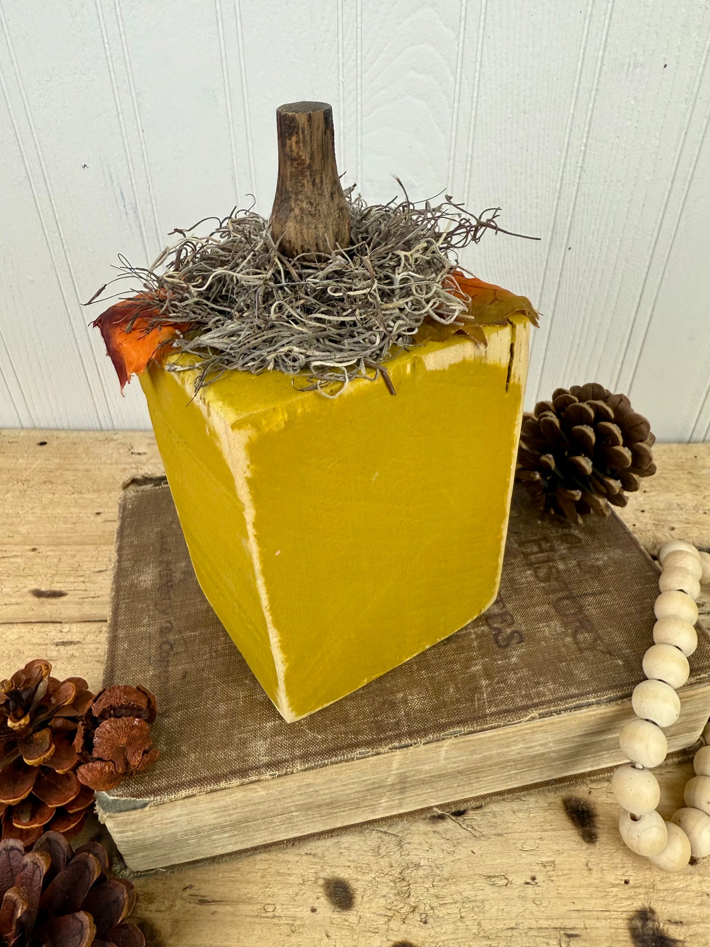 Handmade Reclaimed Wood Yellow Block Pumpkin