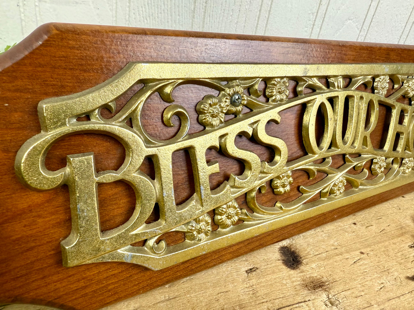 Vintage Wood & Metal "Bless Our Home" Wall Plaque