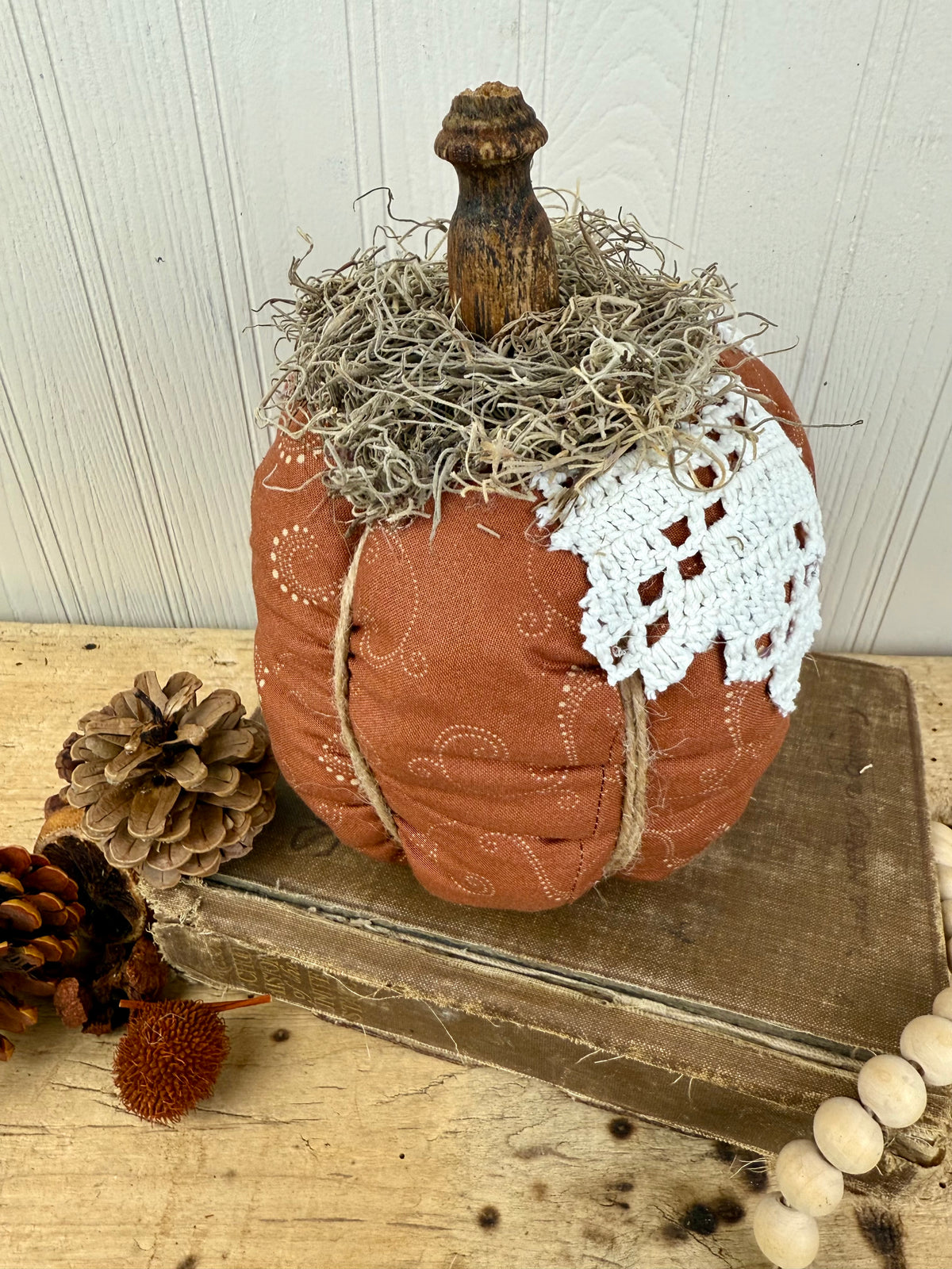 Handmade Plush Pumpkin with Doily Leaves #2
