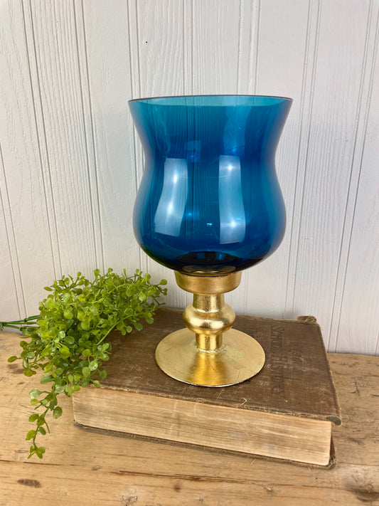 Blue Glass & Gold Base Candle Holder