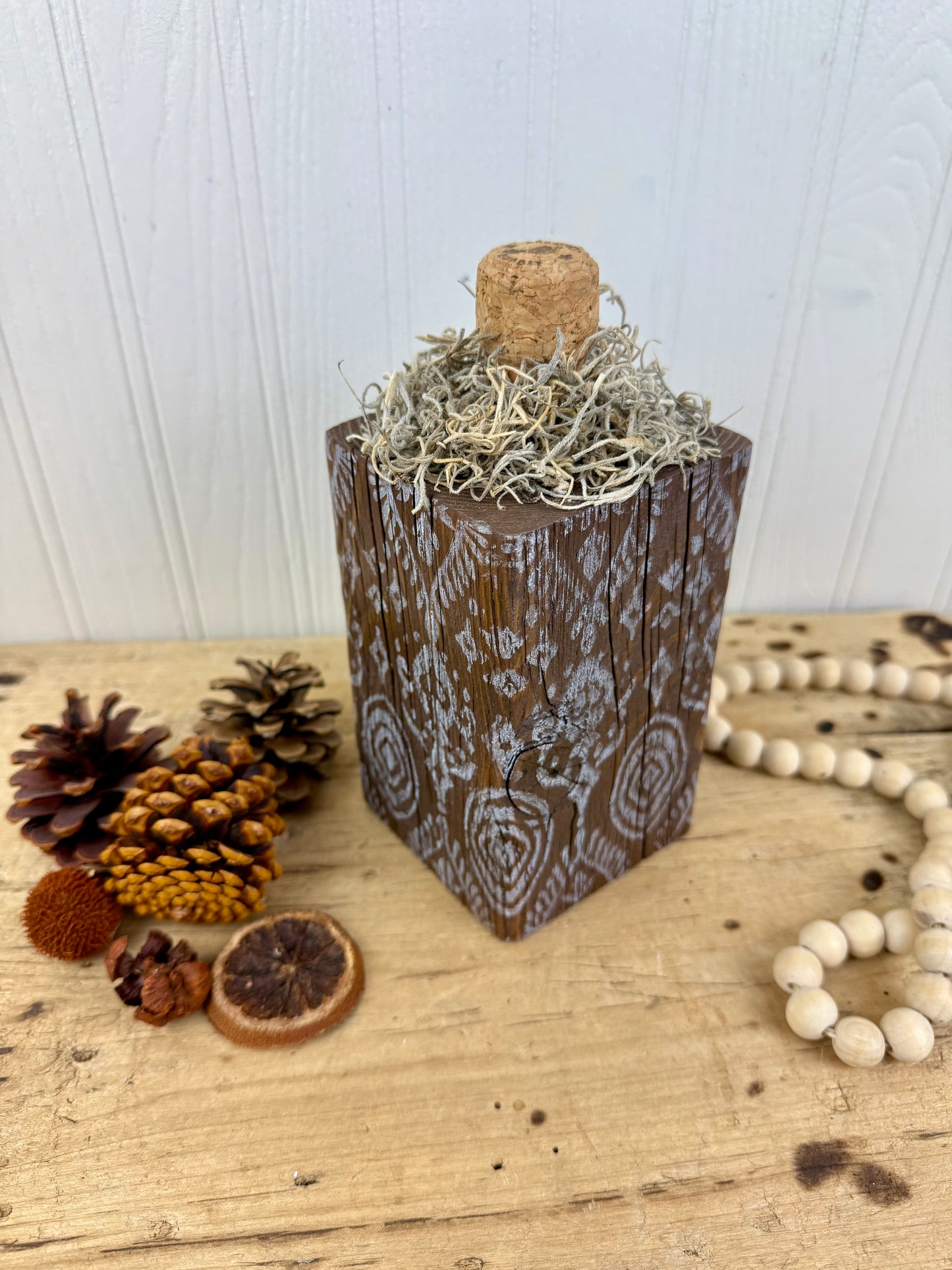 Handmade Reclaimed Wood Block Pumpkin with Stamped Tribal Details