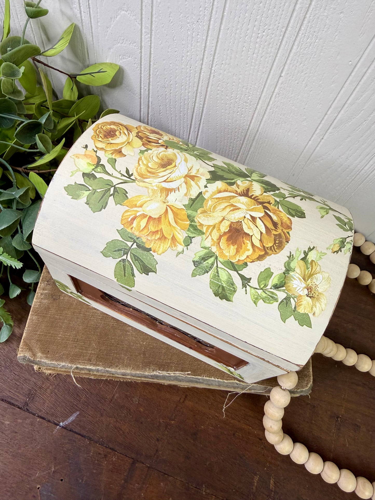 Upcycled Beige Rustic Trinket Box with Yellow Roses