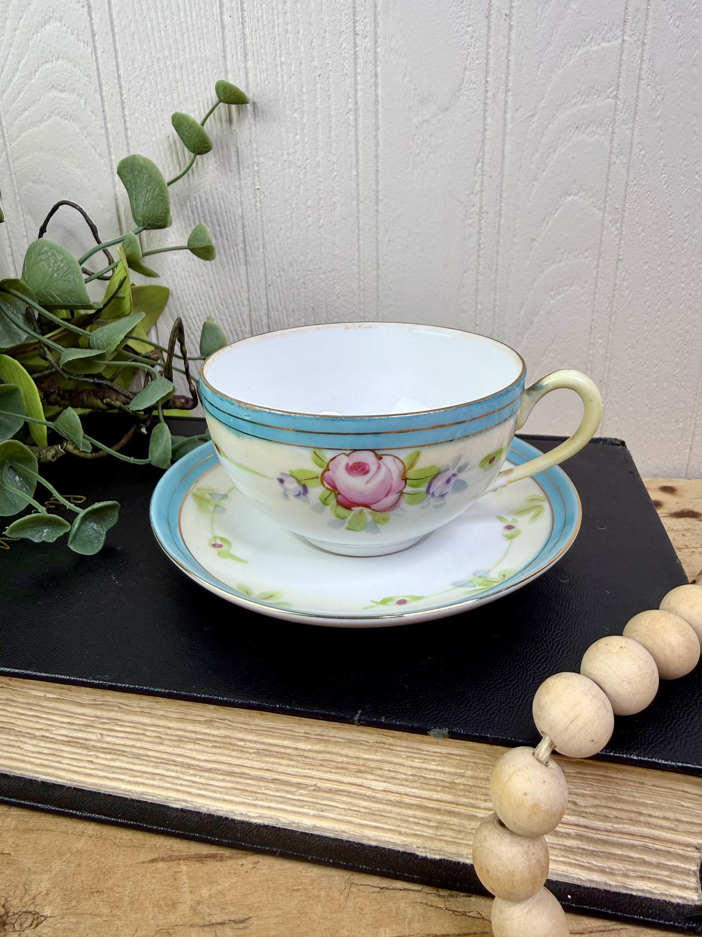 Vintage Nippon Teacup & Saucer Set with Hand Painted Roses