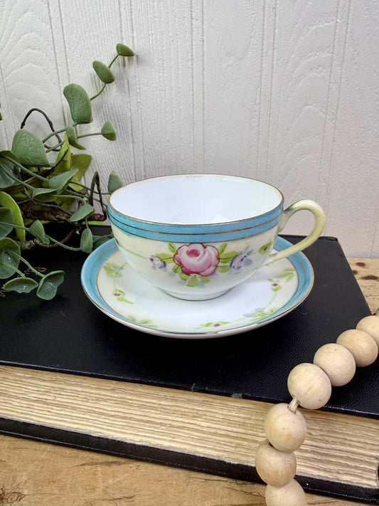 Vintage Nippon Teacup & Saucer Set with Hand Painted Roses