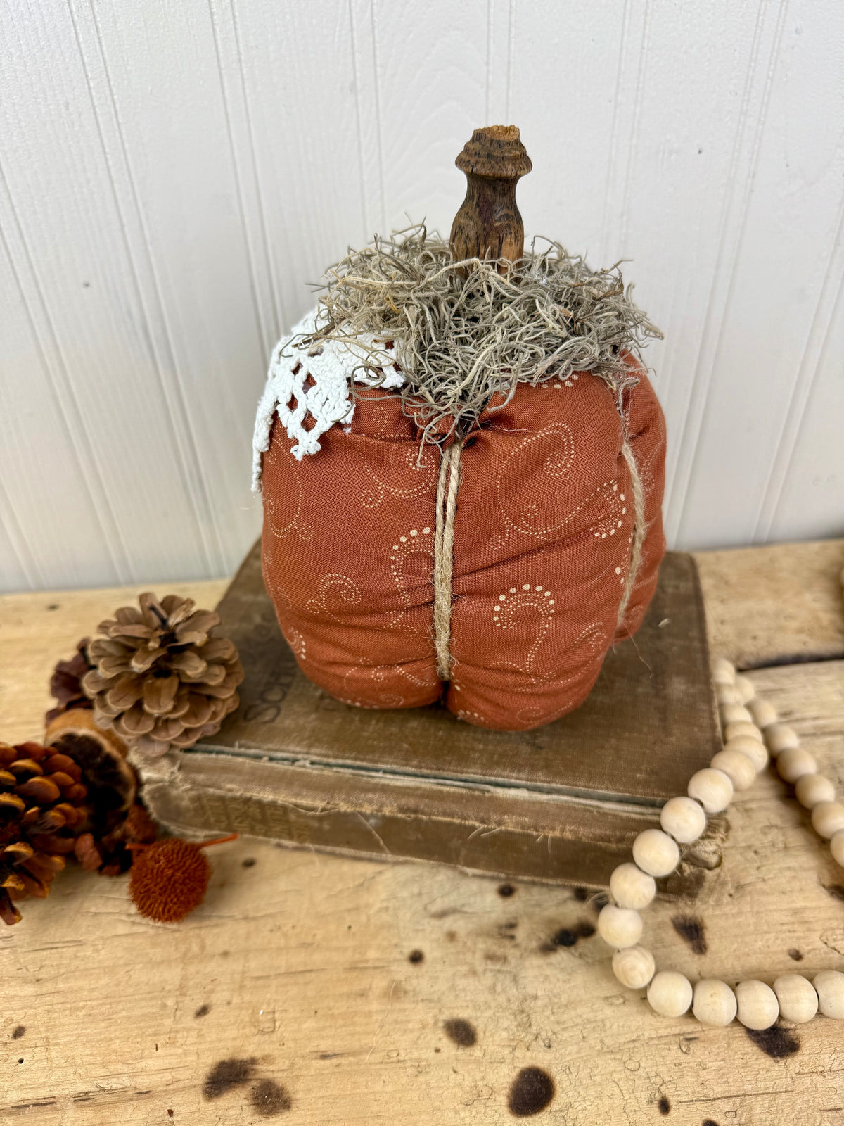 Handmade Plush Pumpkin with Doily Leaves #2