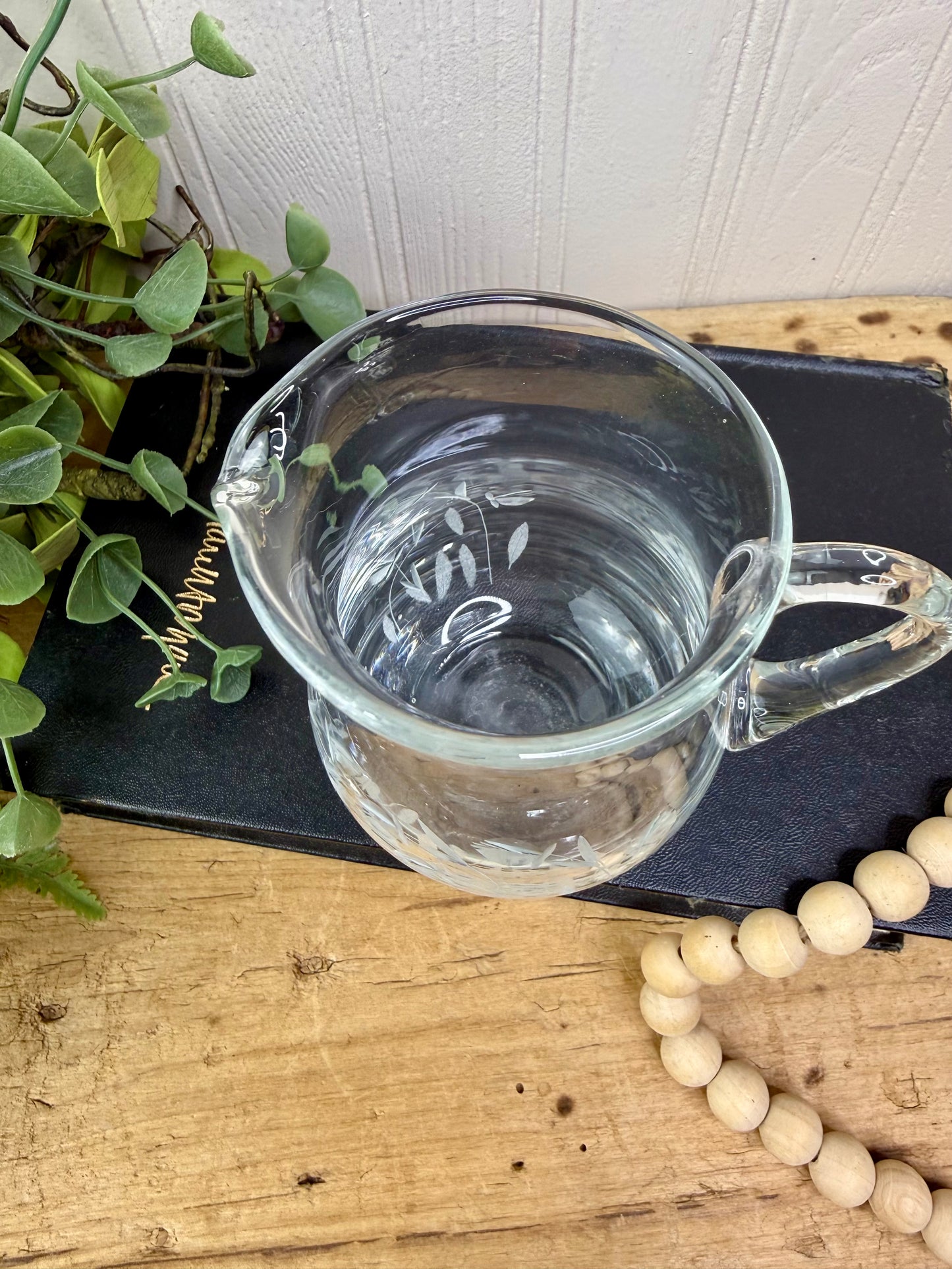 Vintage Crystal Glass Creamer with Etched Florals