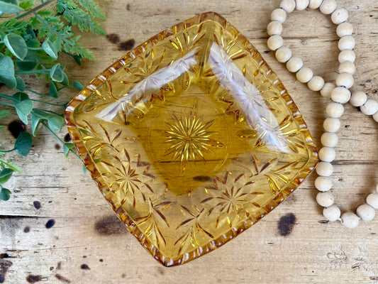 Vintage Hazel-Atlas Glass Starburst Patterned Amber Candy Dish