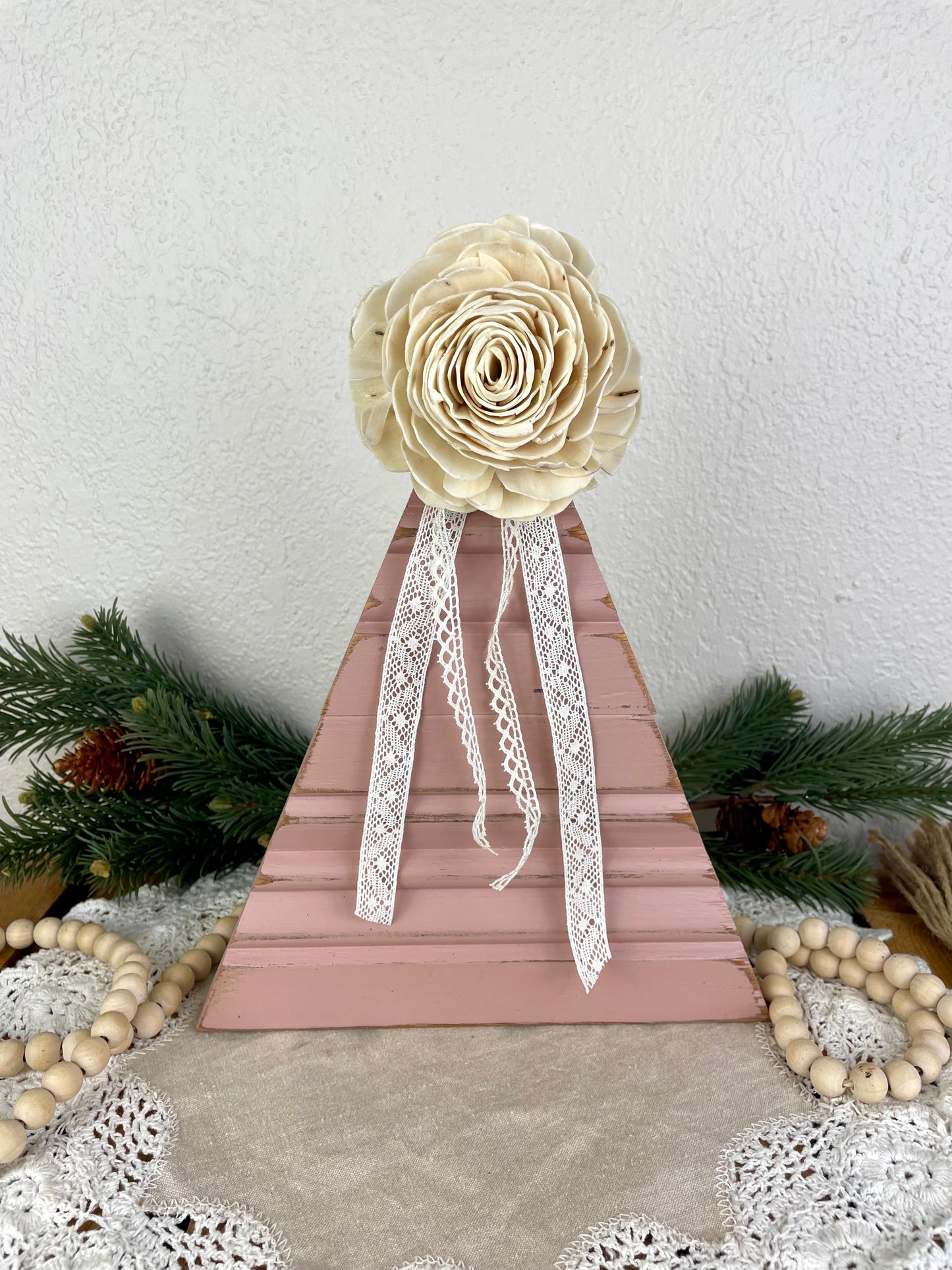 Upcycled Vintage Trim Pink Large Christmas Tree with Wood Flower