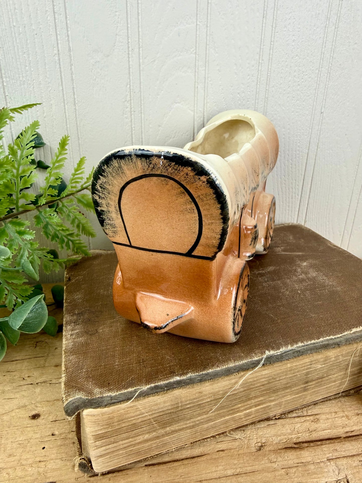 Vintage Ceramic Covered Wagon Planter