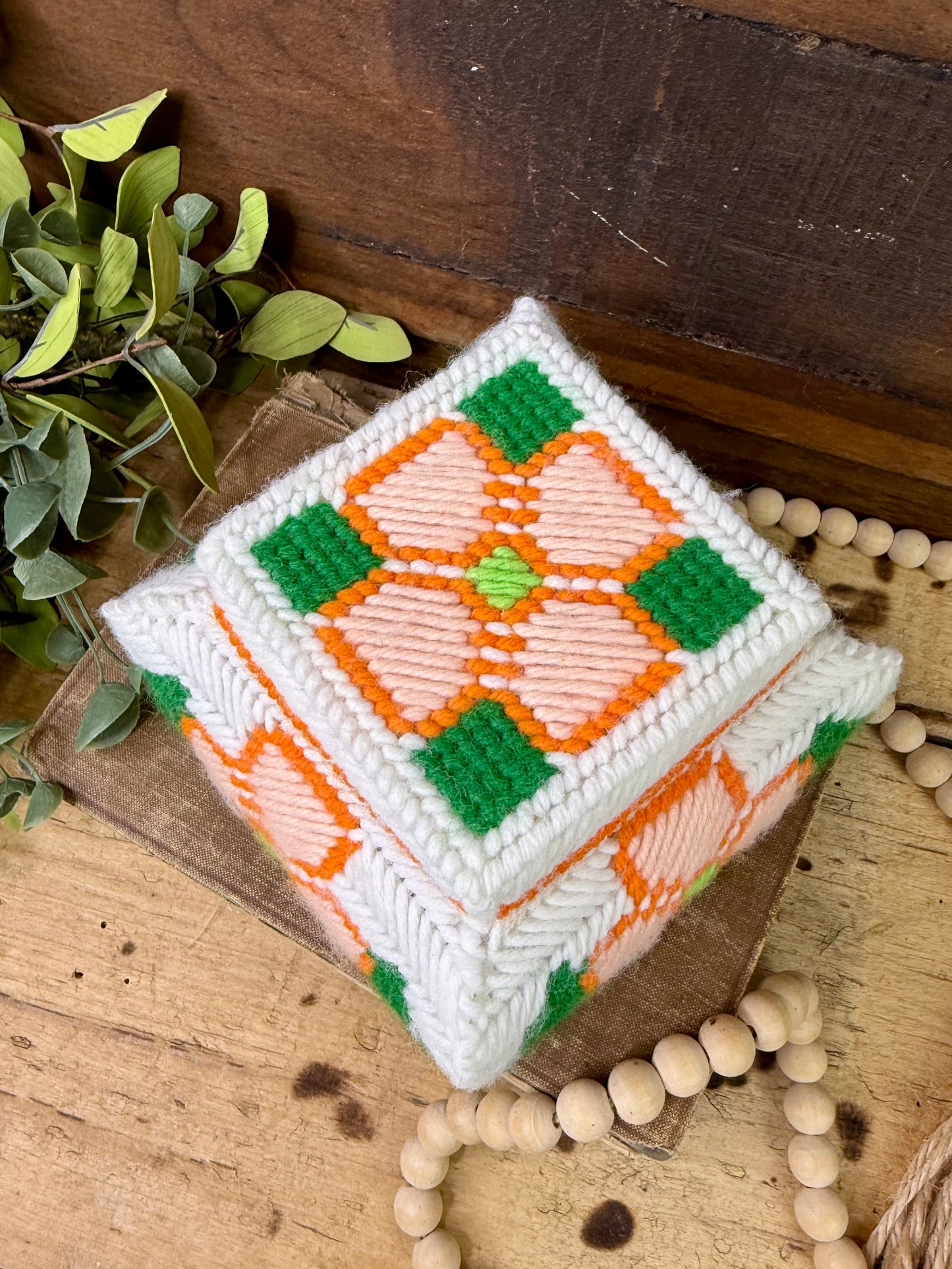 Vintage Plastic Canvas Storage Box with Orange Flowers