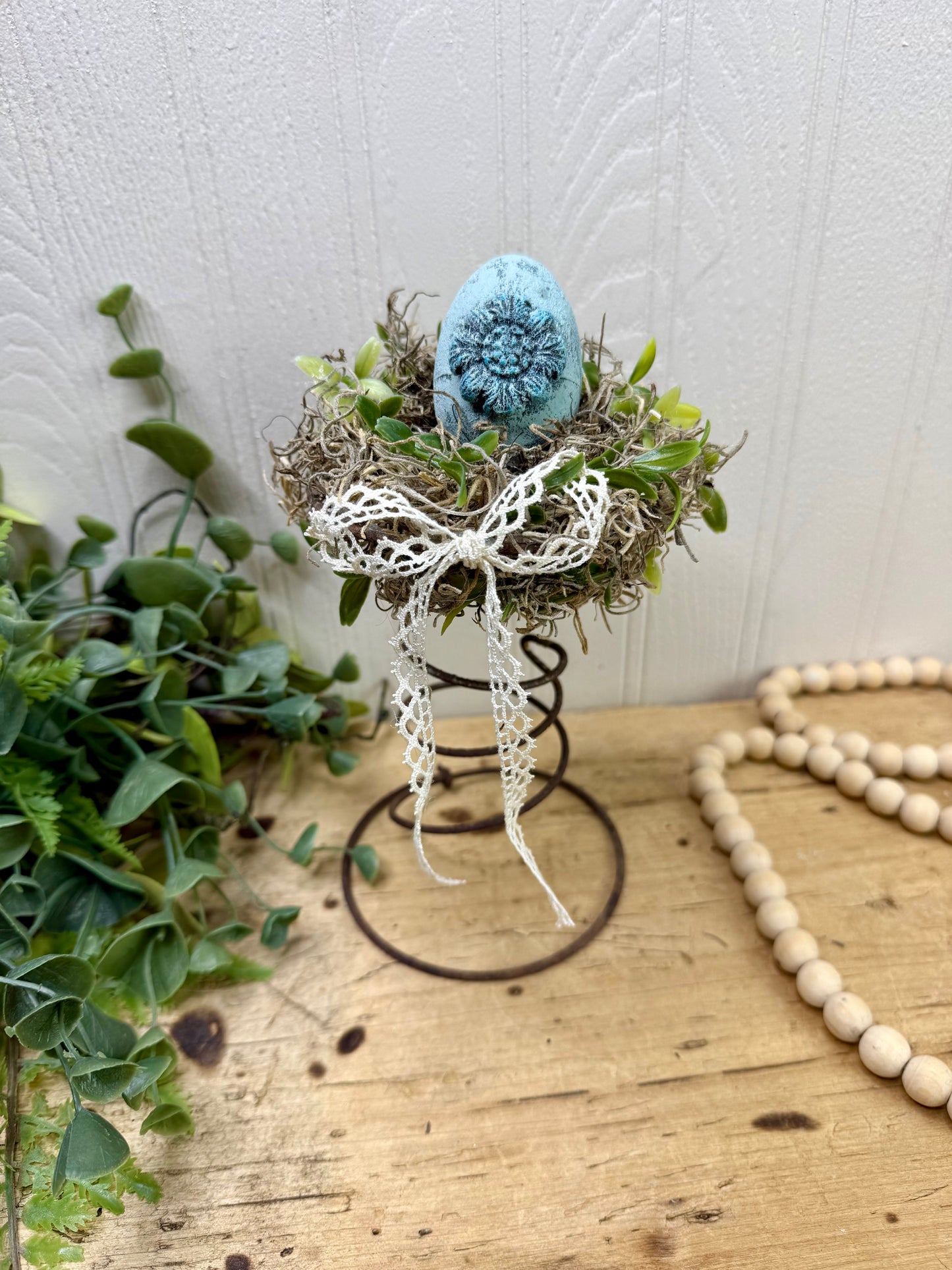 Handmade Rustic Bed Spring Nest with Baby Blue Egg