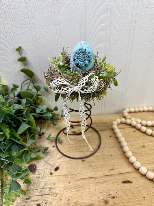 Handmade Rustic Bed Spring Nest with Baby Blue Egg