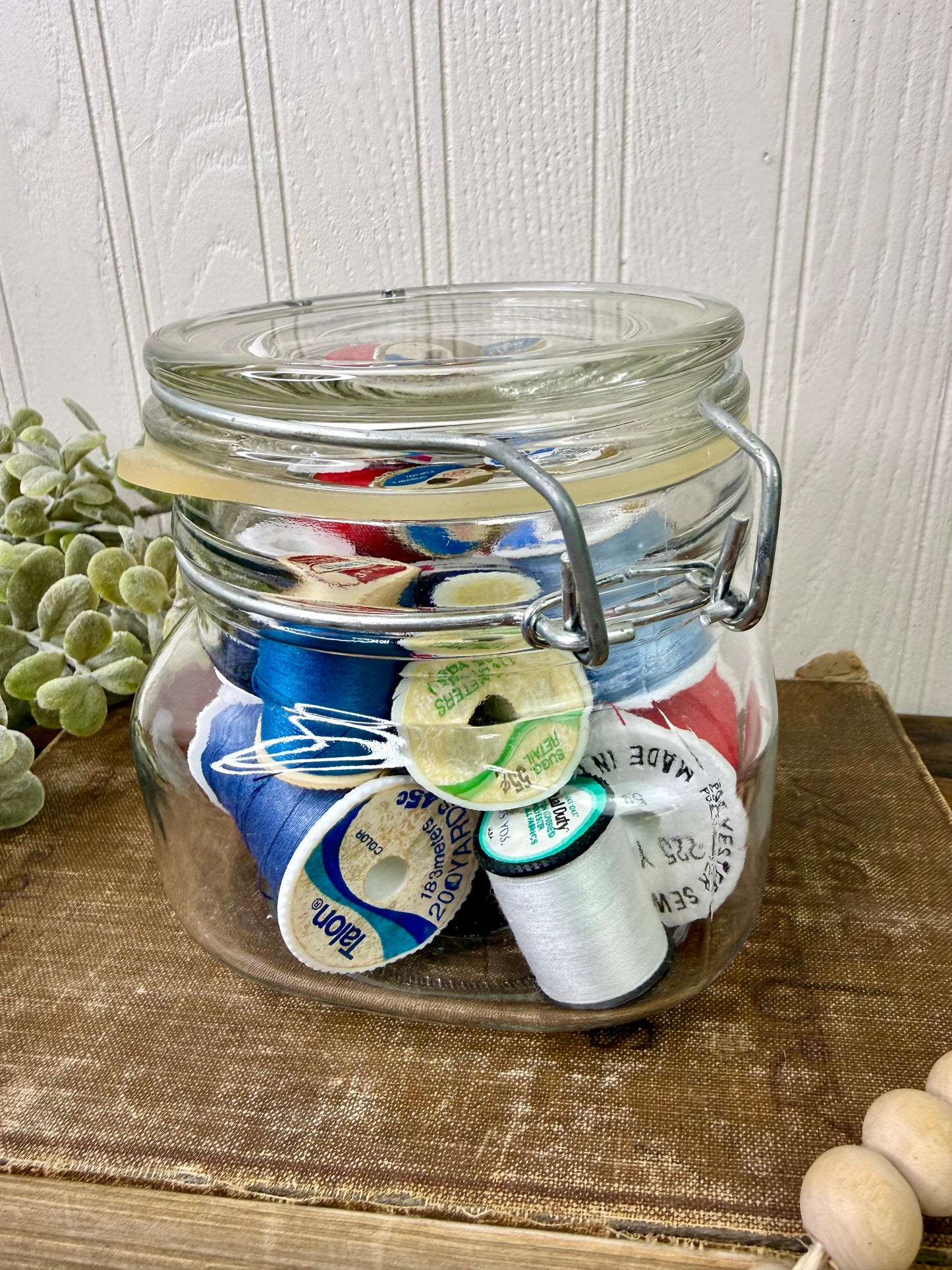 Vintage Glass Clasp Jar with Thread Spools