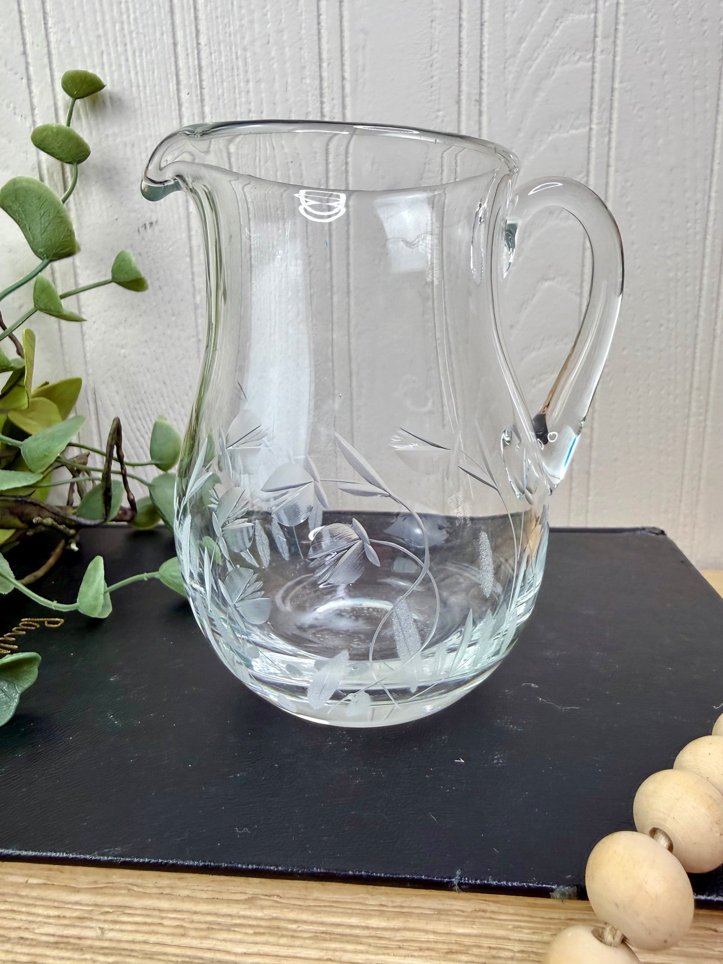 Vintage Crystal Glass Creamer with Etched Florals