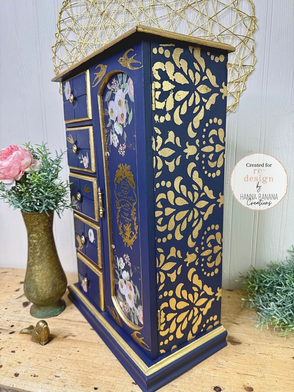Upcycled Navy & Gold Jewelry Box with Pink Florals