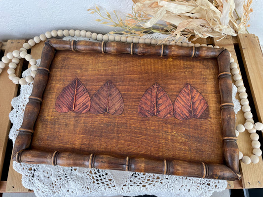 Vintage Wooden Decorative Tray with Dried Leaves