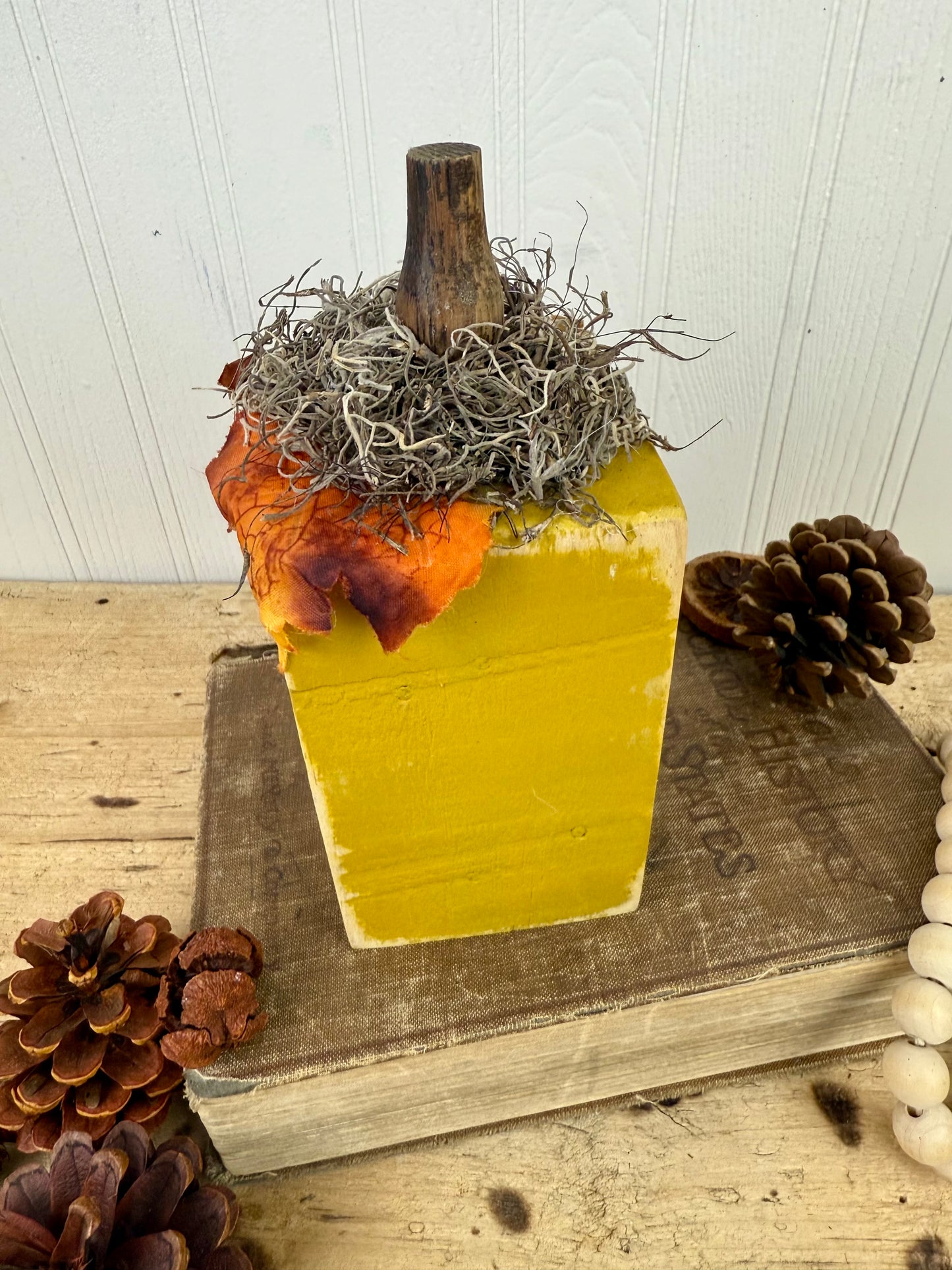 Handmade Reclaimed Wood Yellow Block Pumpkin