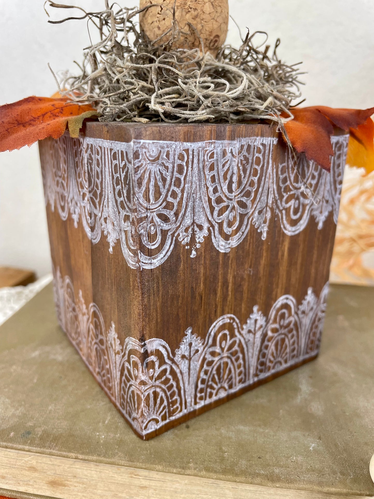 Handmade Reclaimed Wood Block Pumpkin with Leaves