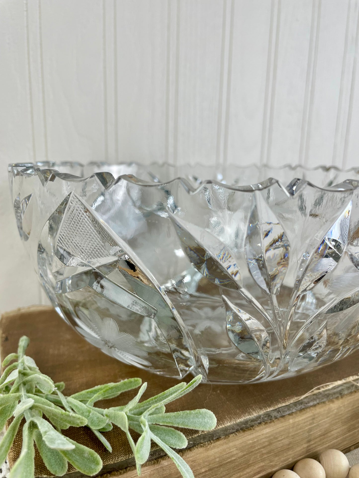 Vintage Cut Glass Serving Bowl with Etched Flowers