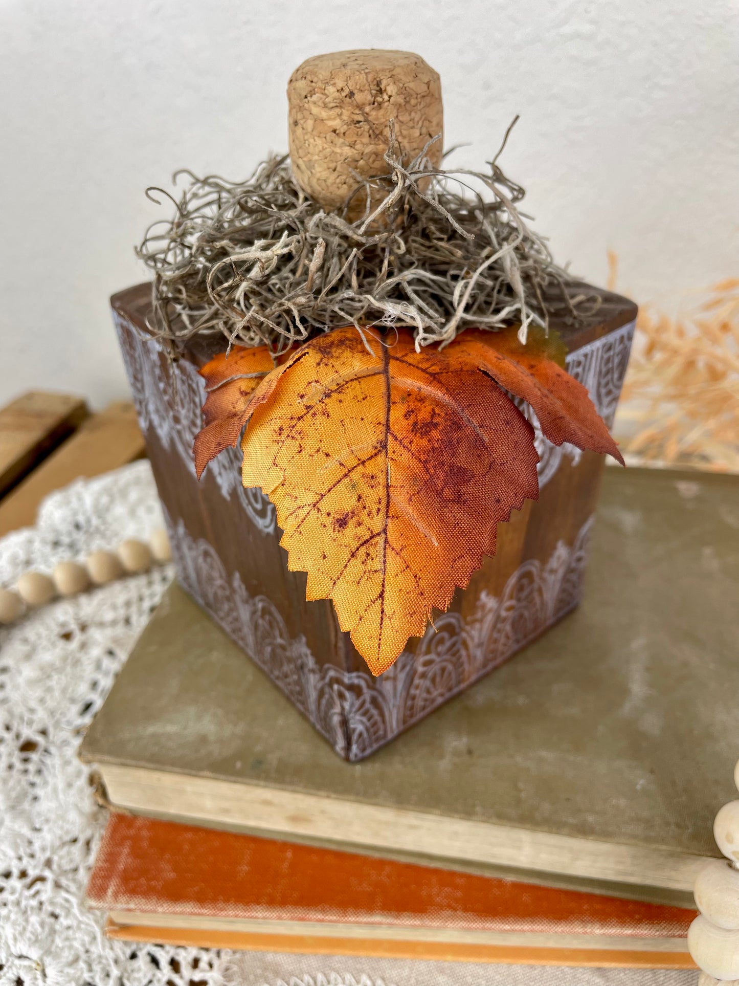 Handmade Reclaimed Wood Block Pumpkin with Leaves