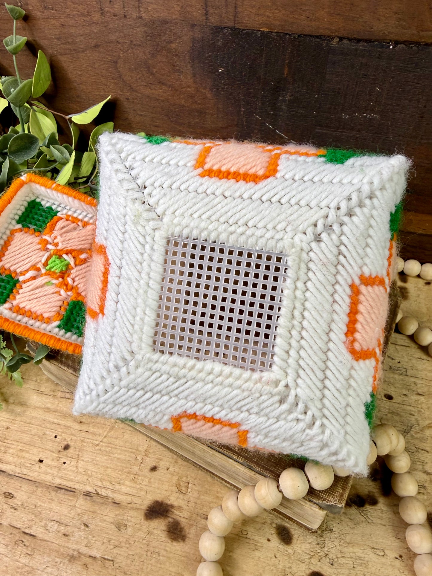 Vintage Plastic Canvas Storage Box with Orange Flowers