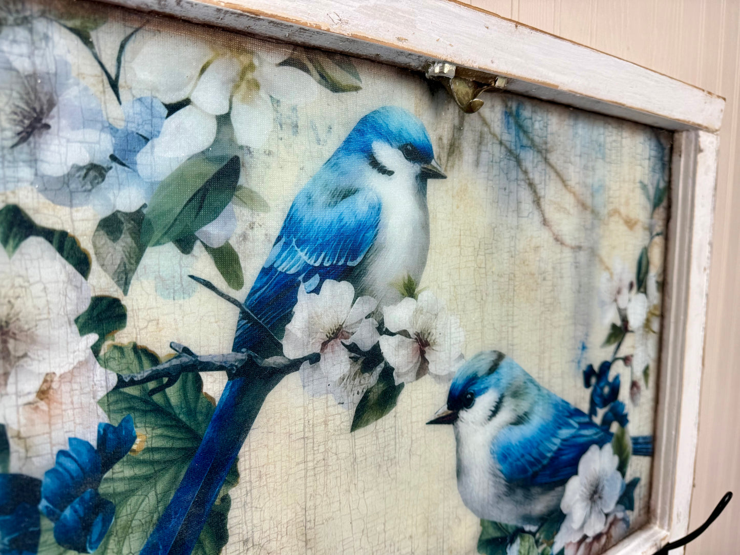 Handmade Upcycled Blue Bird Window Wall Art with Hanging Hooks- Shipping Included