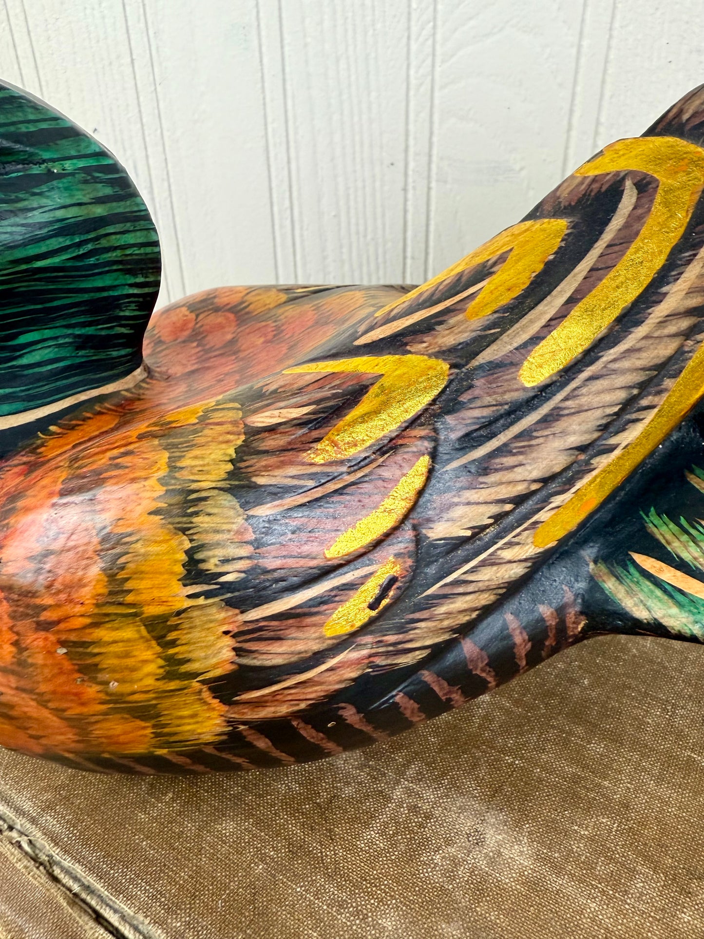 Vintage Hand Carved Wooden Duck with Golden Details