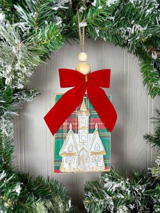 Handmade Wood Block Ornament- Green & Red with White Church