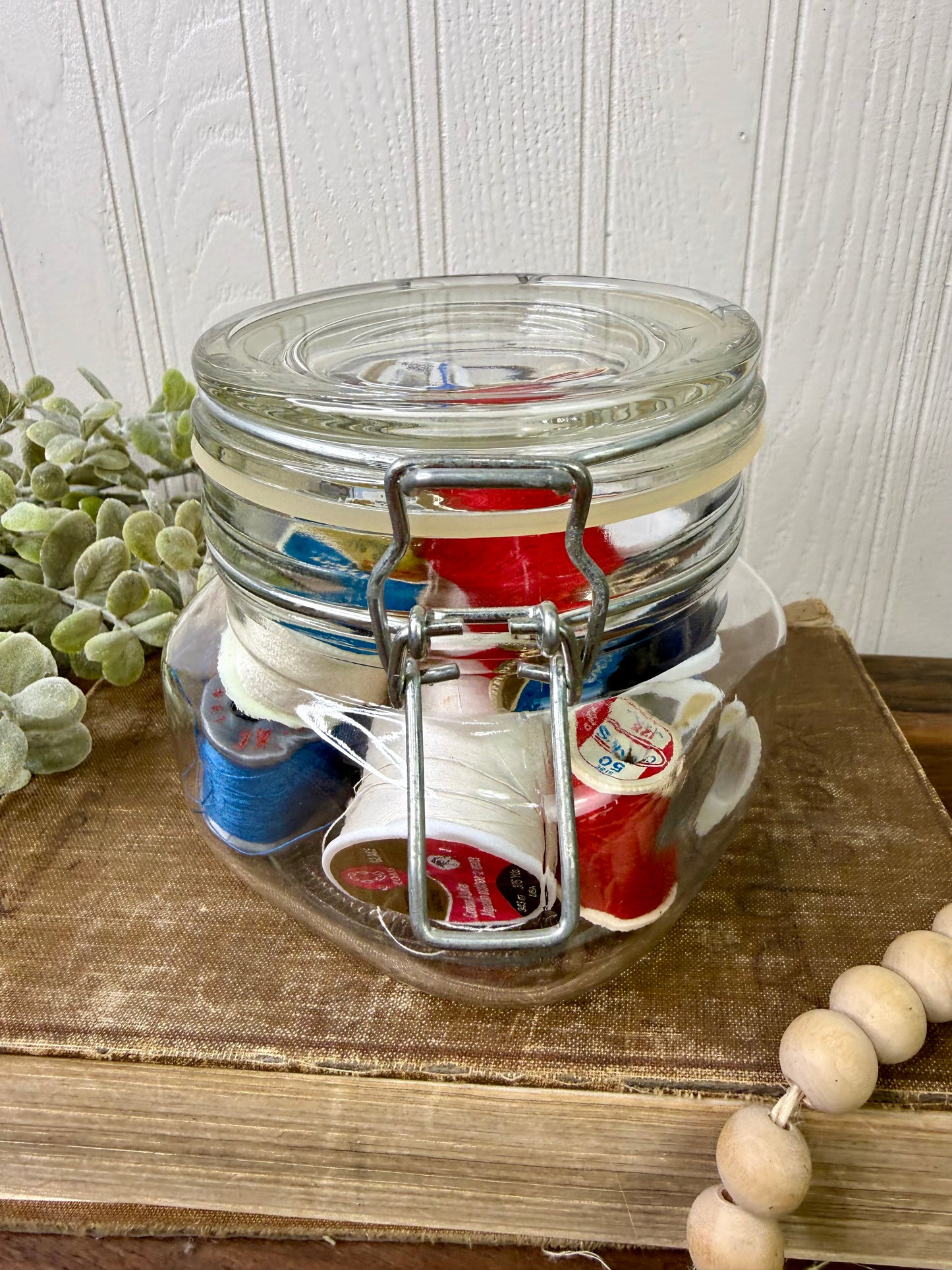 Vintage Glass Clasp Jar with Thread Spools