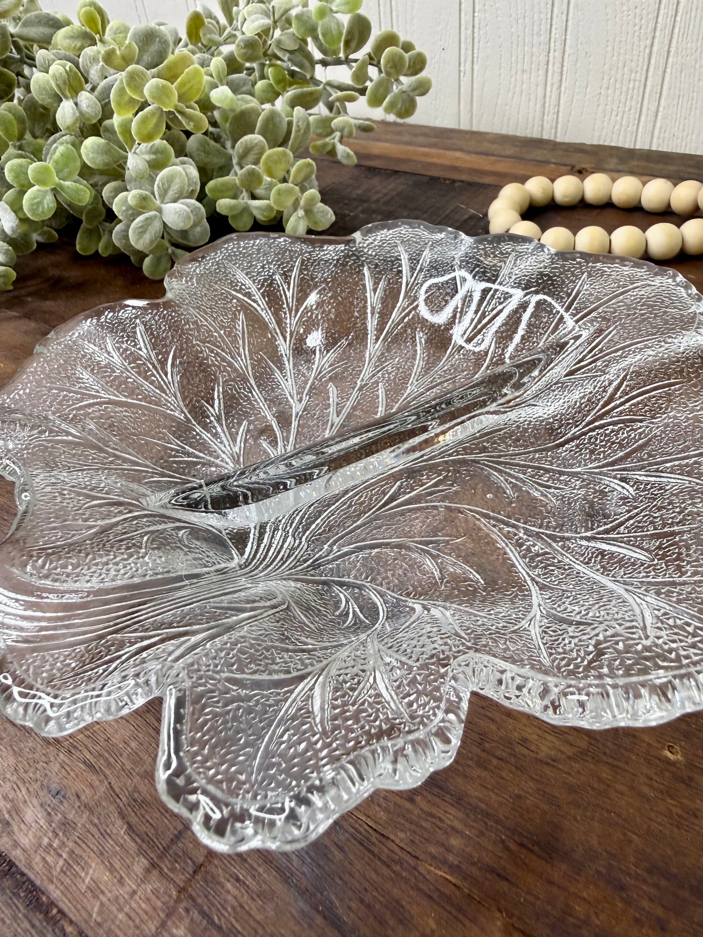 Vintage Indiana Glass Pebble Leaf Divided Relish Dish