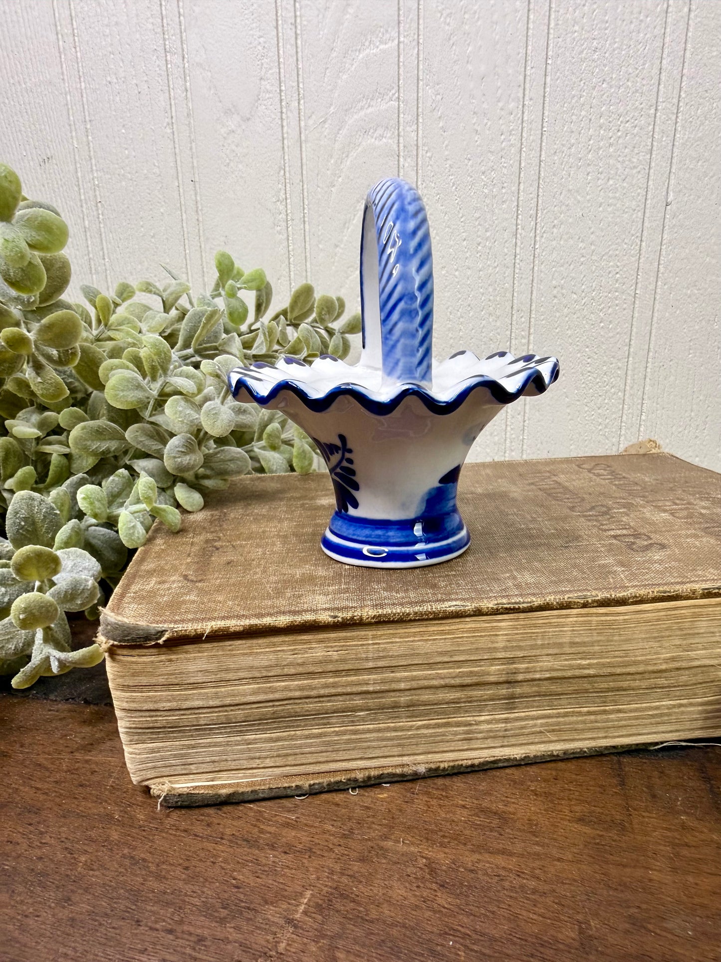 Vintage Delft Blue Hand Painted Porcelain Mini Basket