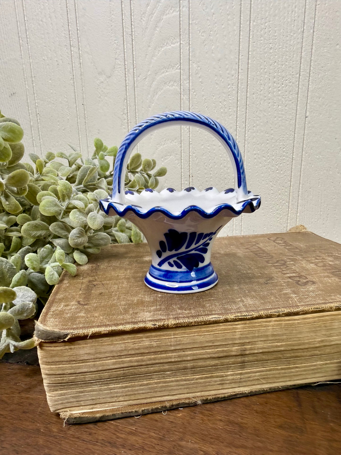 Vintage Delft Blue Hand Painted Porcelain Mini Basket