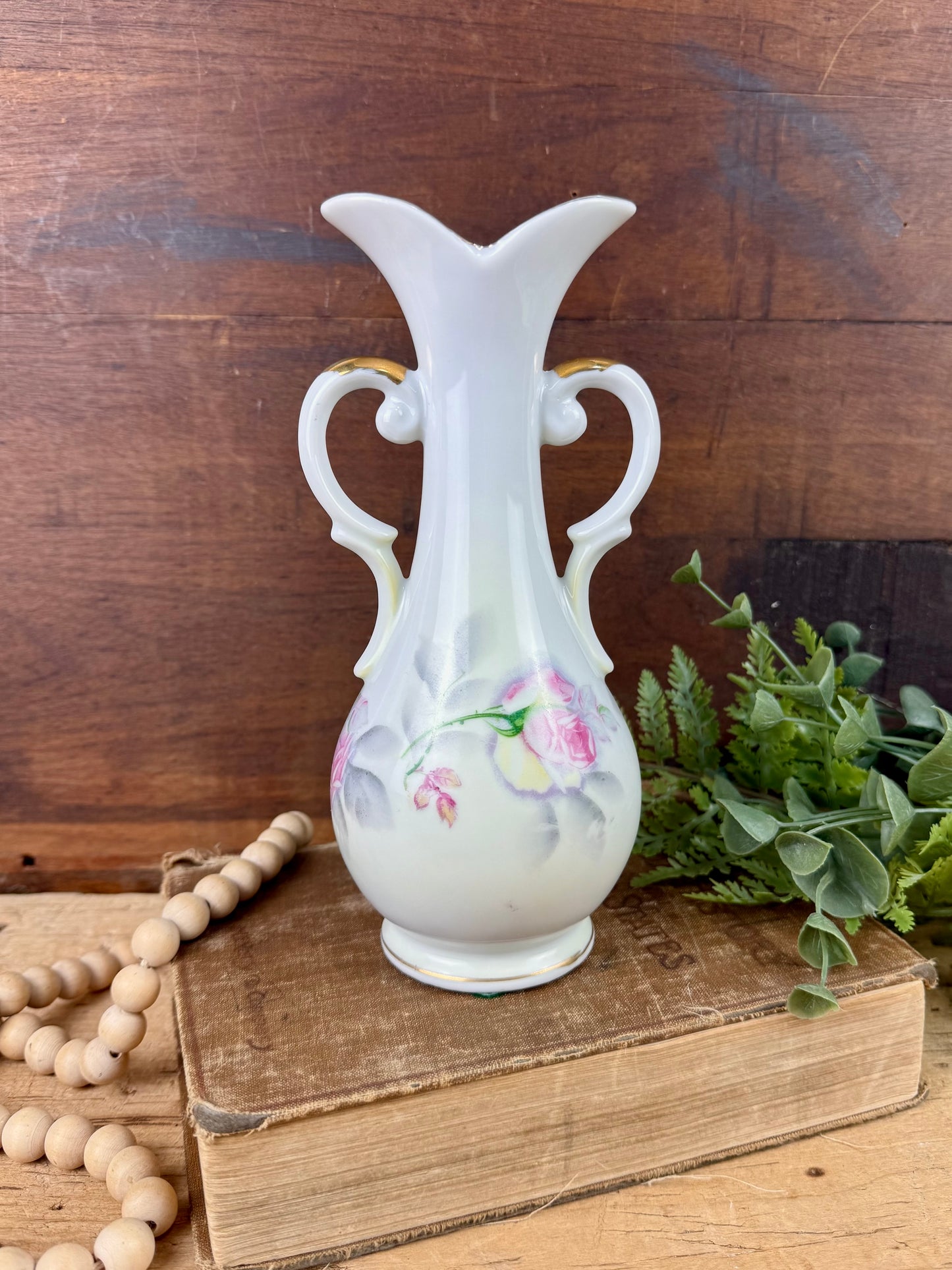 Vintage Porcelain Arnart Floral Double Handle Vase