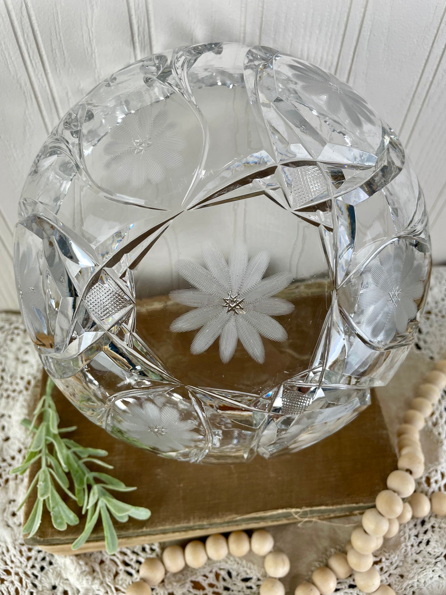 Vintage Cut Glass Serving Bowl with Etched Flowers