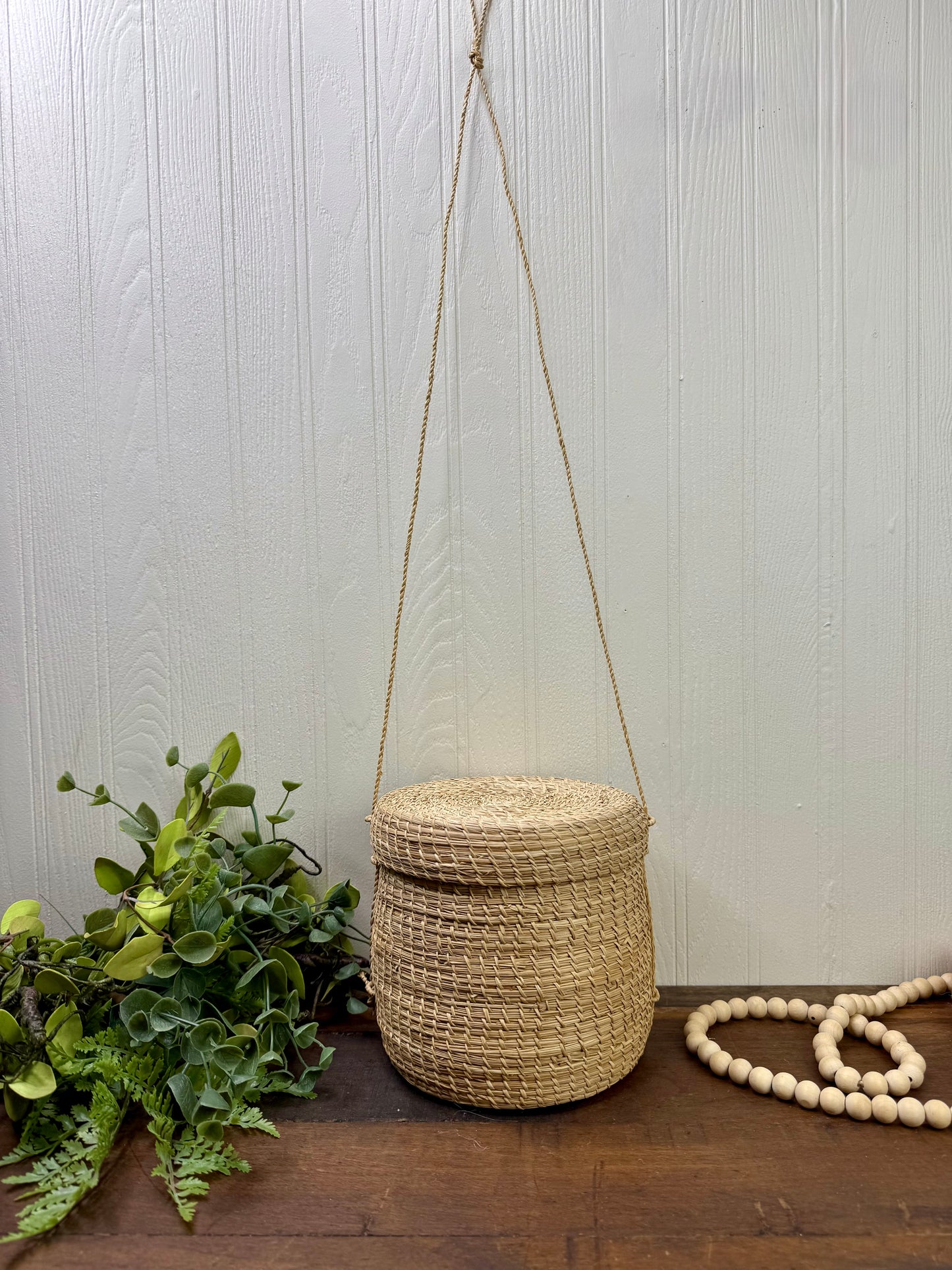 Vintage Hand Woven Hanging Basket with Lid