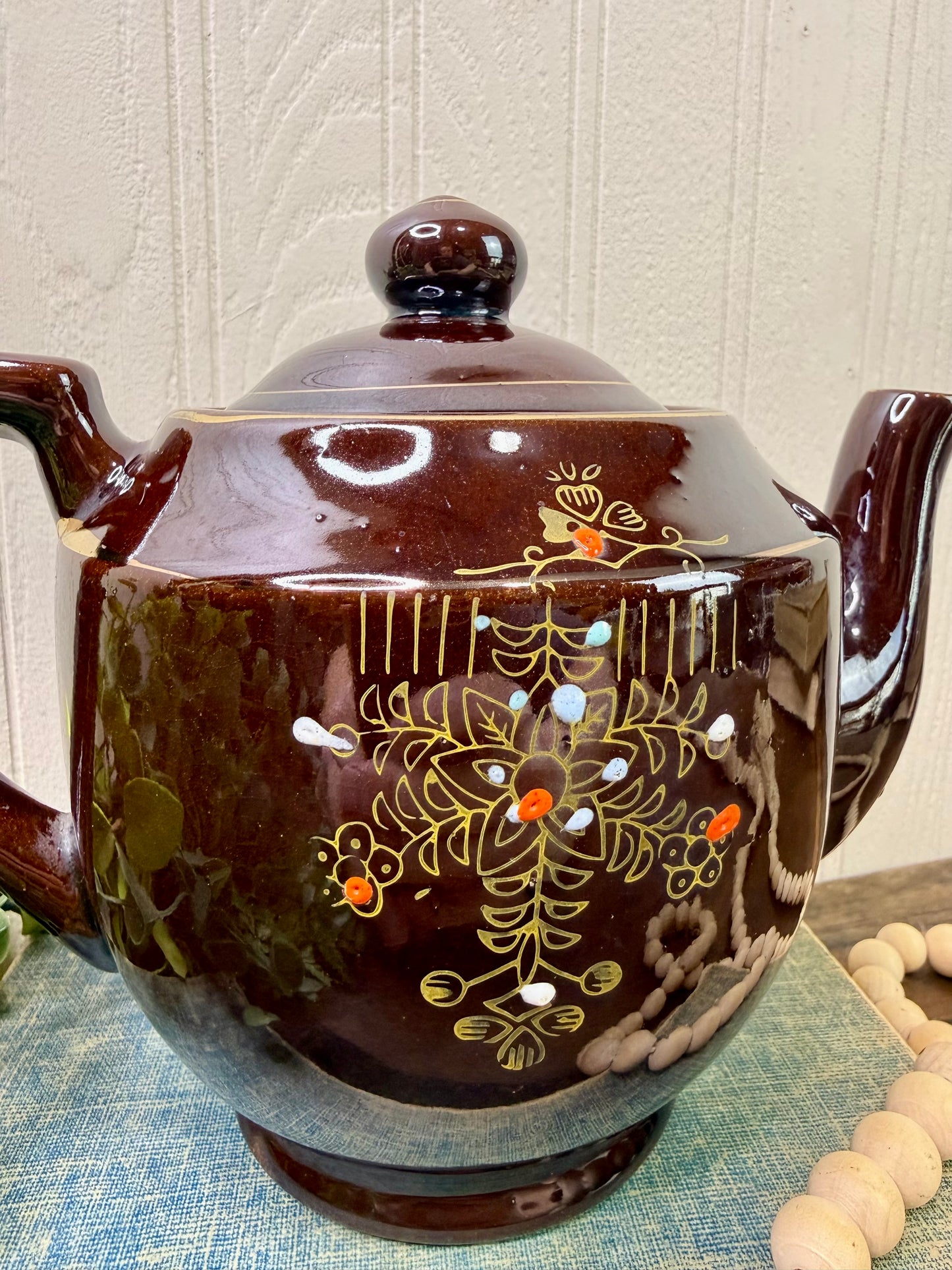Vintage Japanese Moriage Redware Teapot