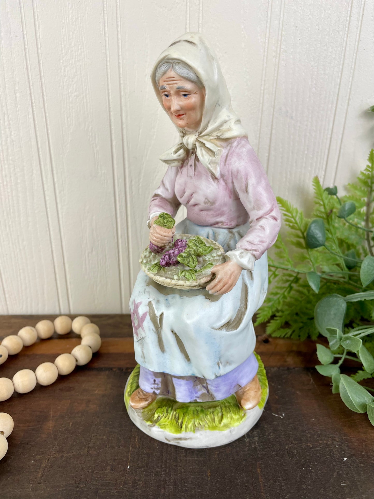 Vintage Homco Ceramic Figurine- Old Woman with Grape Basket