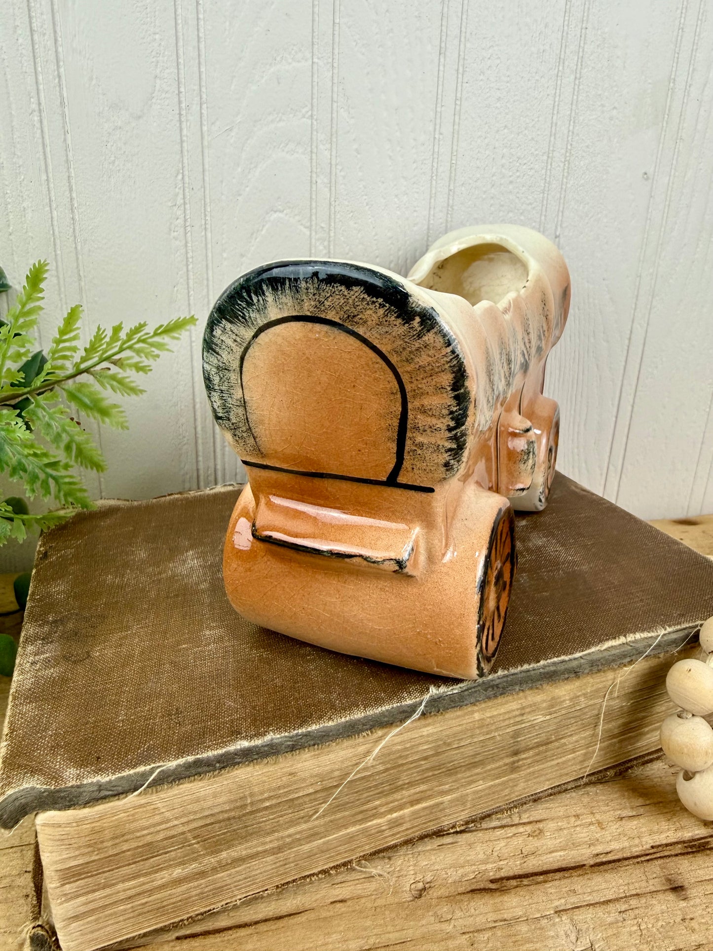 Vintage Ceramic Covered Wagon Planter