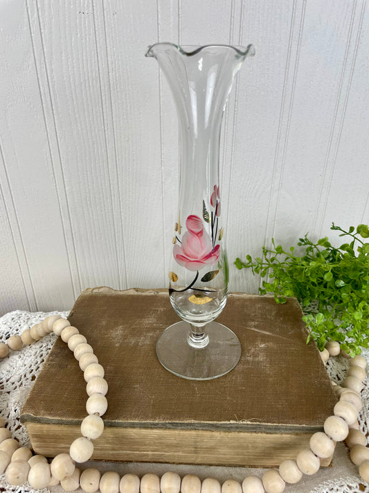 Vintage Clear Glass Fluted Bud Vase with Hand Painted Florals