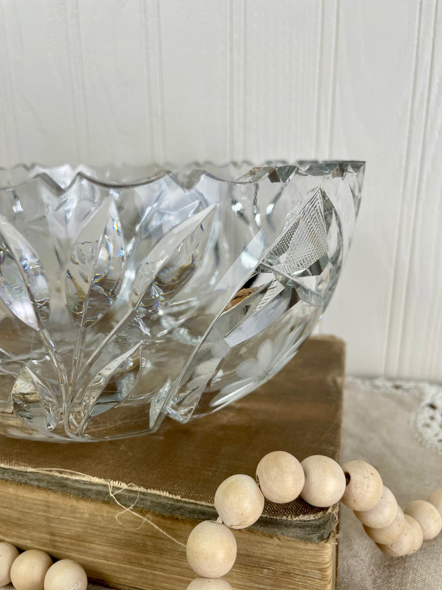 Vintage Cut Glass Serving Bowl with Etched Flowers