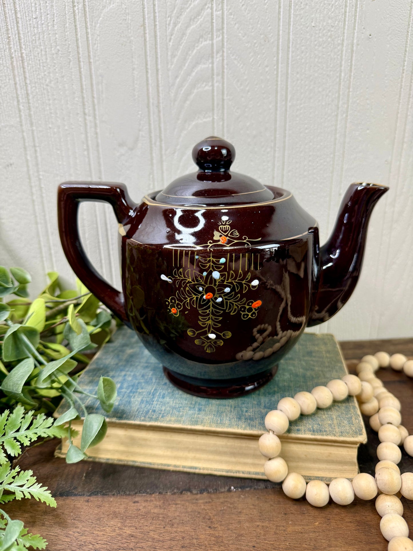 Vintage Japanese Moriage Redware Teapot